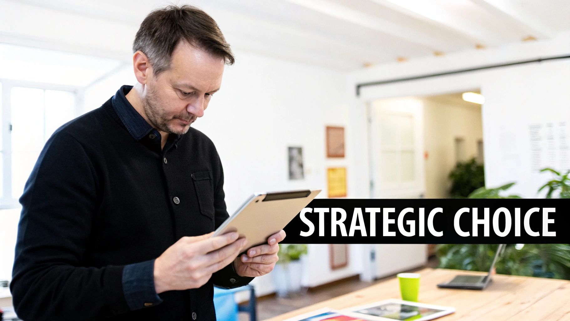 Professional man using a tablet in a modern office, overlayed with 'STRATEGIC CHOICE'.