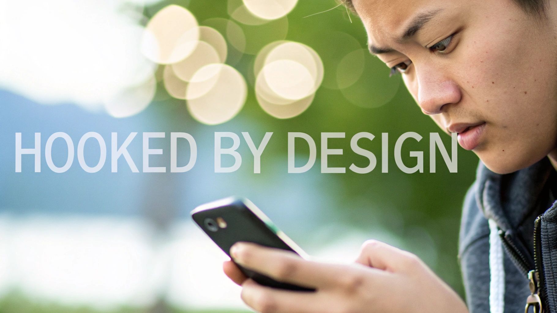 A young person intently looking at a smartphone, with the text 'HOOKED BY DESIGN' overlaid.