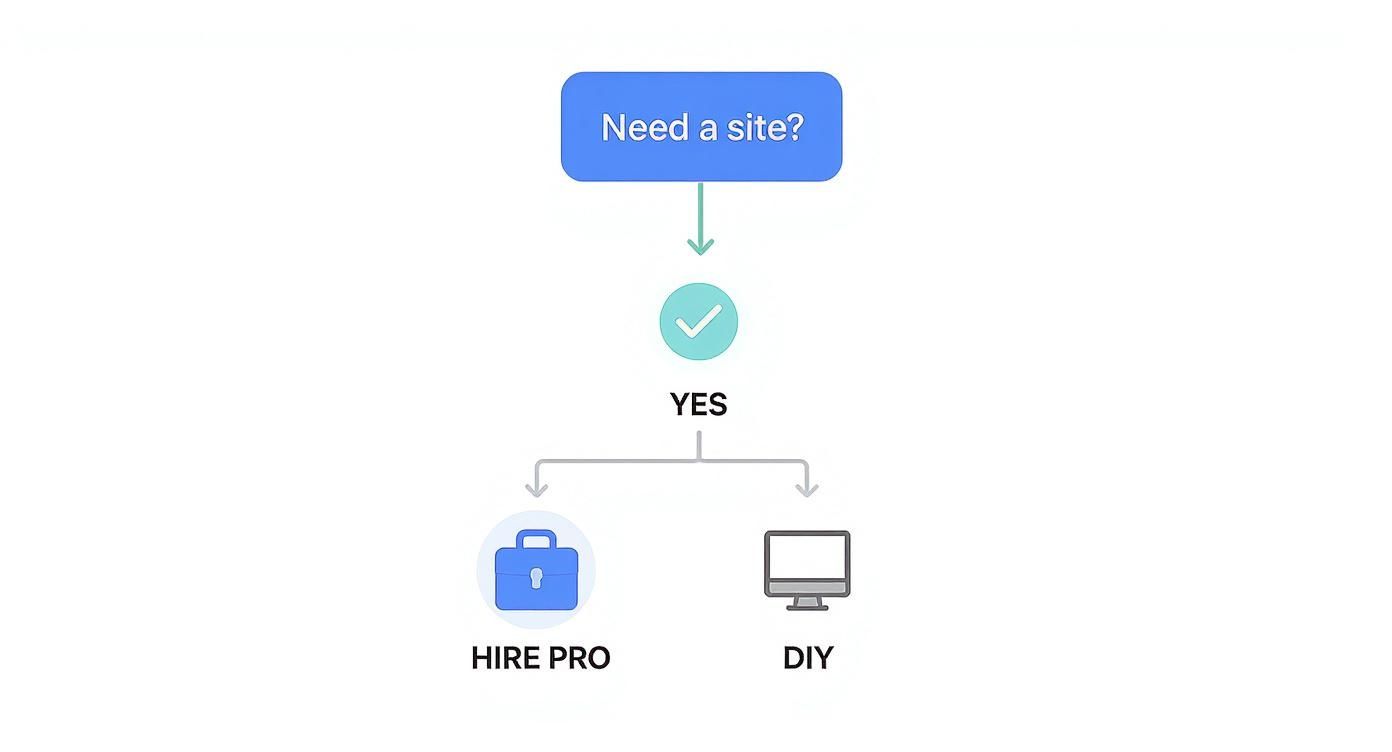 Flowchart illustrating options for website creation: hire a professional or do it yourself.