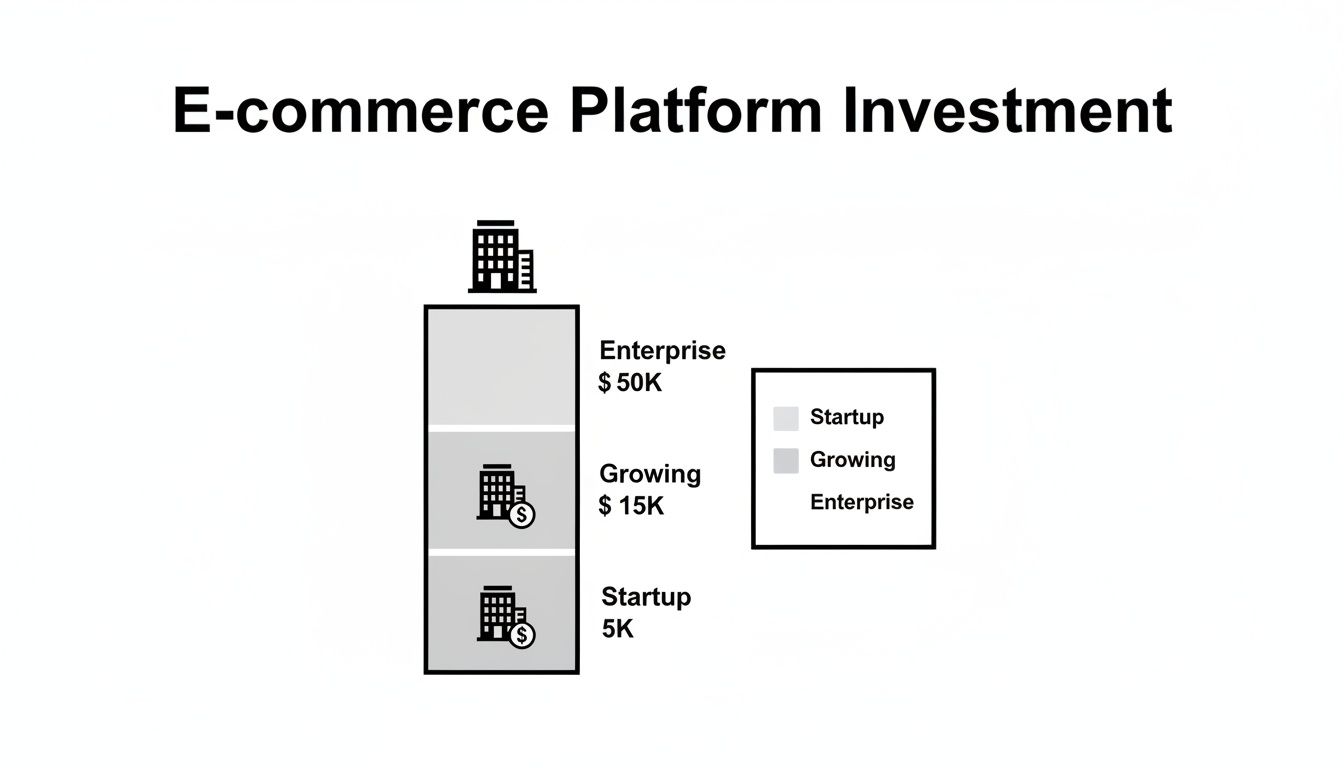 Infographic showing e-commerce platform investment breakdown by business size: Startup, Growing, and Enterprise.