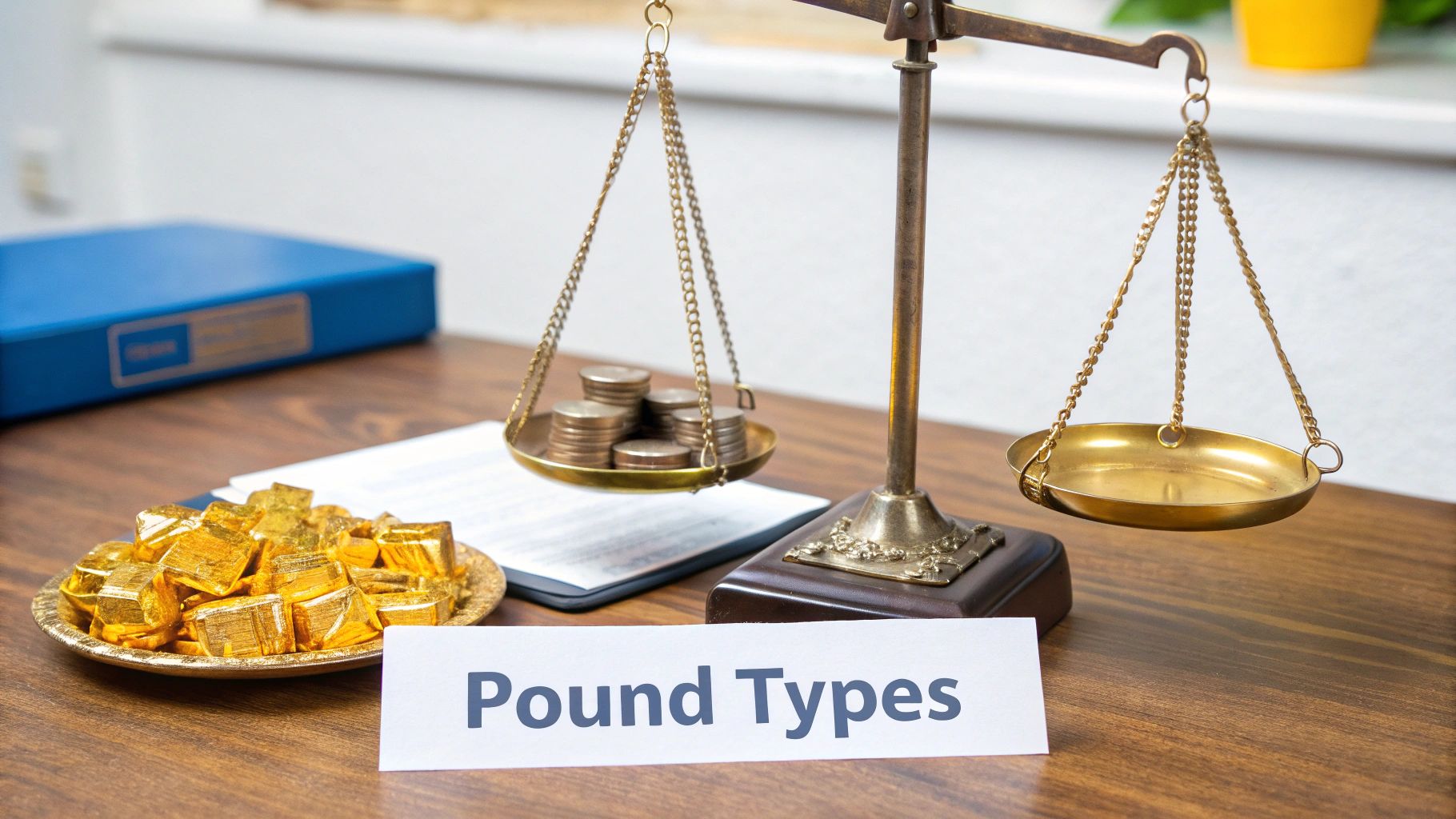 A scale with coins on one pan, an empty pan, and gold-wrapped items next to a 'Pound Types' sign.