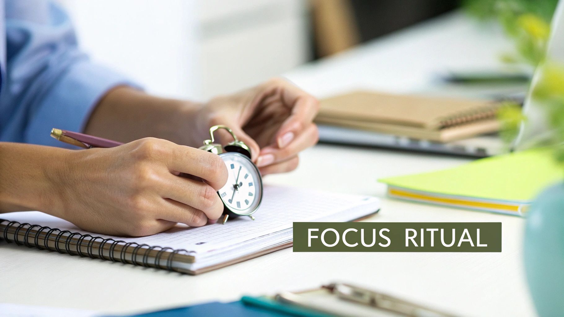 Close-up of hands setting a small alarm clock on a spiral notebook for a focus ritual.