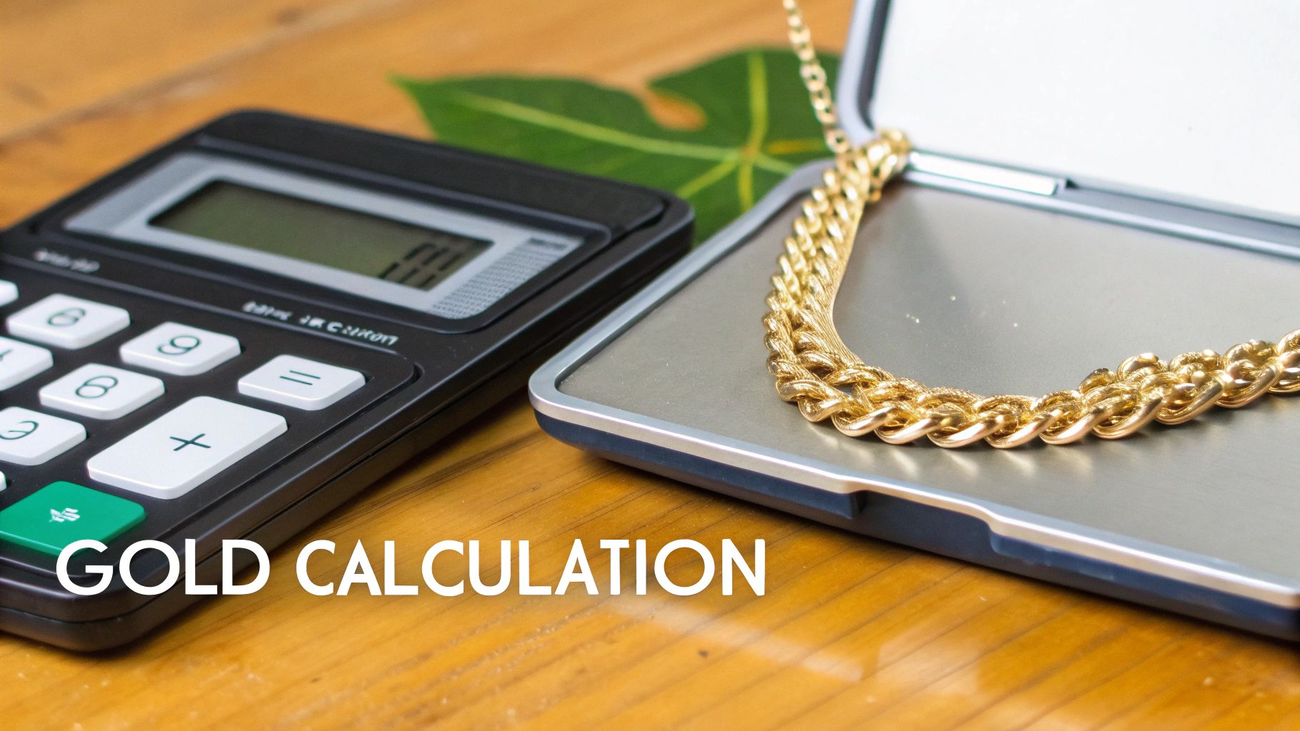 A calculator and a gold chain on a digital scale, with 'GOLD CALCULATION' text overlay.
