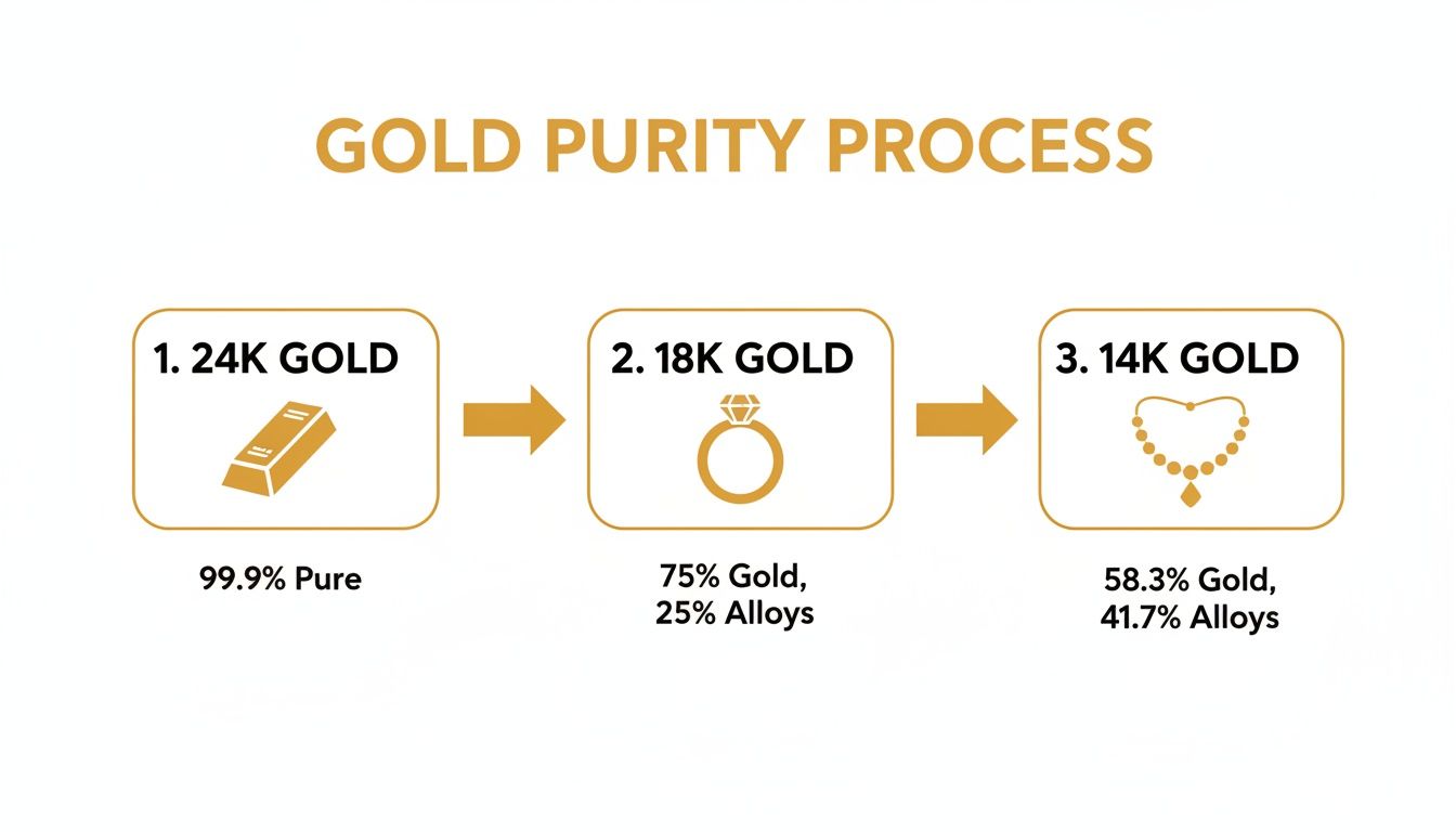 Infographic explaining gold purity, from 24K pure gold to 18K and 14K gold with alloys.