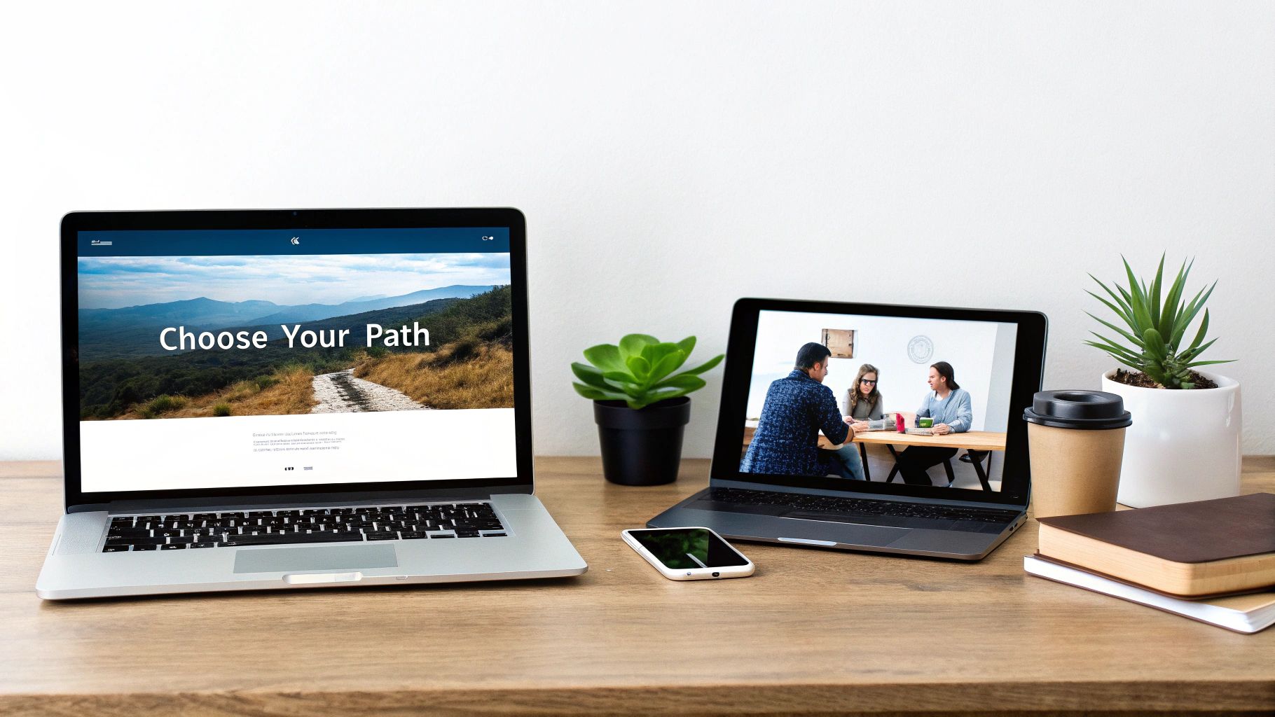 A modern workspace with two laptops, a smartphone, potted plants, a coffee cup, and notebooks on a wooden desk.