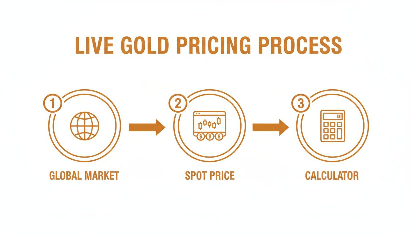 Infographic illustrating the live gold pricing process, moving from global market to spot price and final calculation.