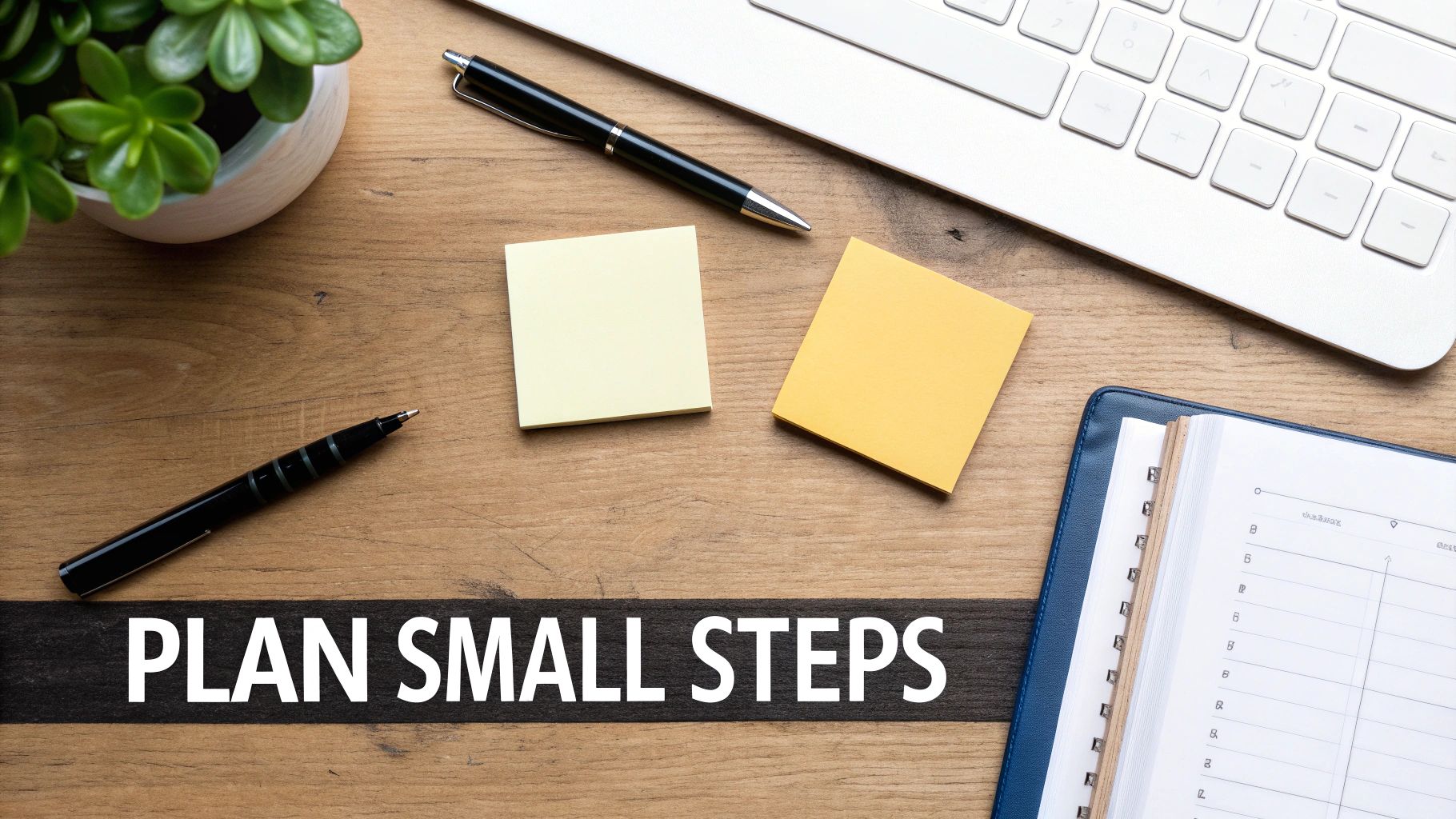 A person at a desk sketching out a plan in a notebook, with sticky notes and charts on the wall behind them, creating a visual roadmap.