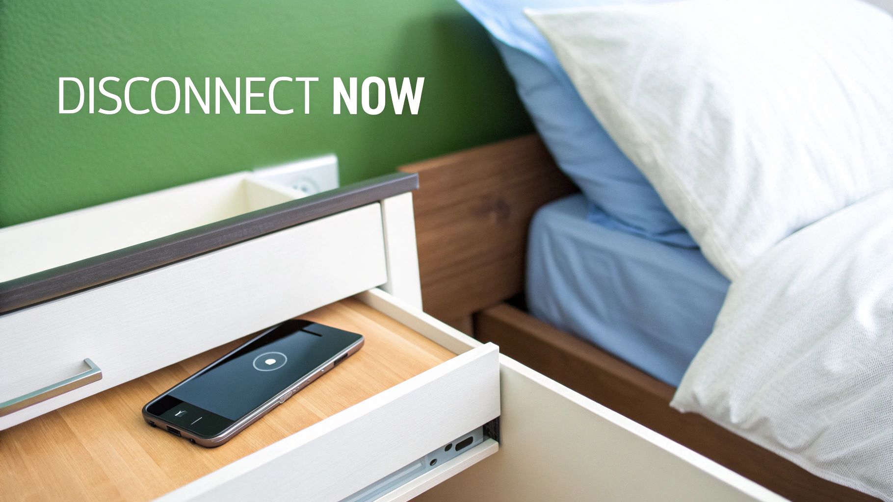 A smartphone is put away in an open nightstand drawer next to a bed, with 'DISCONNECT NOW' text.