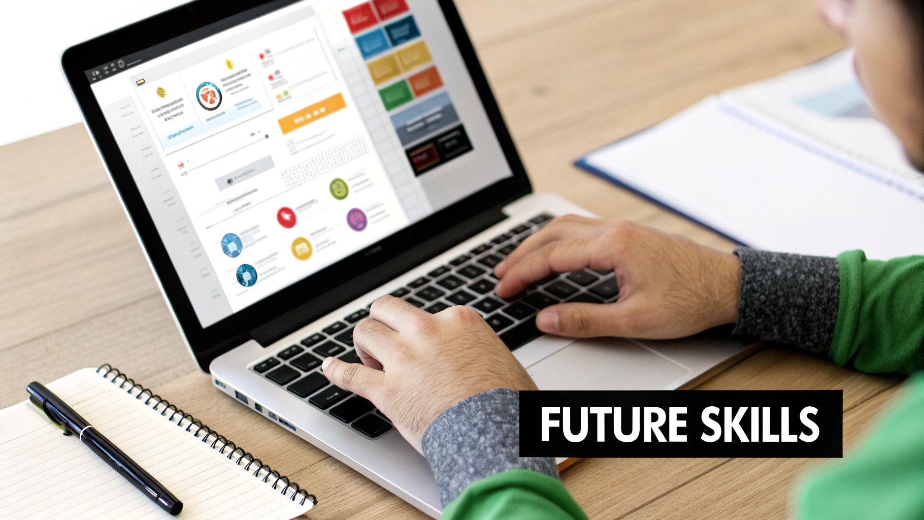 A person sitting at a desk, focused on learning a new skill on their laptop, with glowing icons representing different abilities around them.