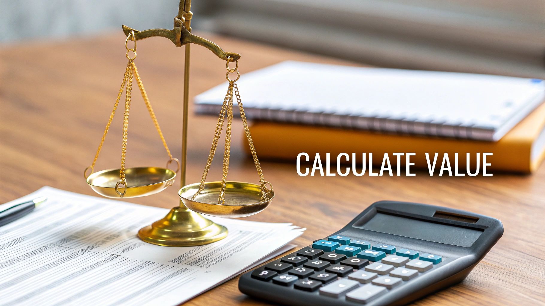 A digital scale displaying the weight of a gold chain next to a calculator and a gold bar.