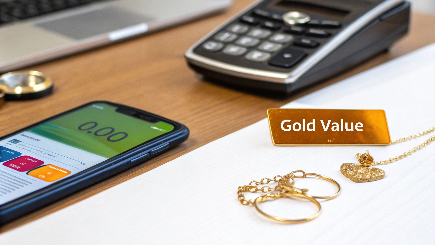 Close-up of a smartphone app, 'Gold Value' plaque, and gold jewelry on a desk.
