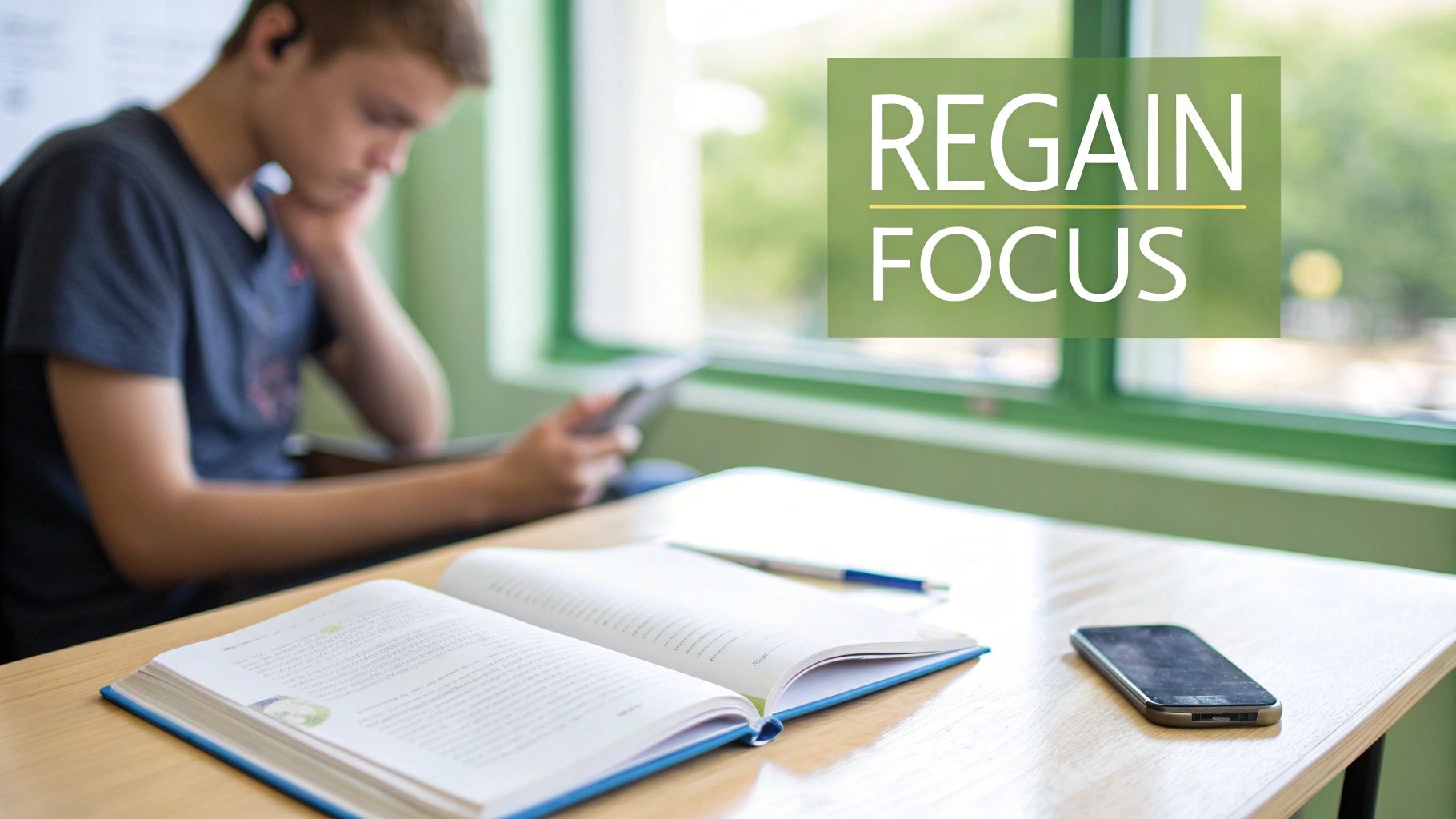 A student looks distracted by a device while a textbook, pen, and phone are on a desk.