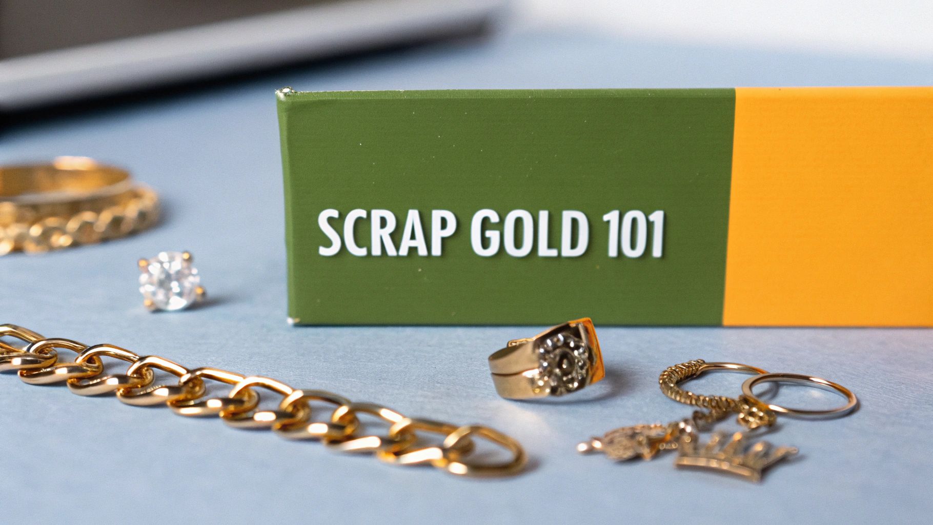 Various gold jewelry items, including rings, chains, and charms, next to a box labeled 'Scrap Gold 101'.