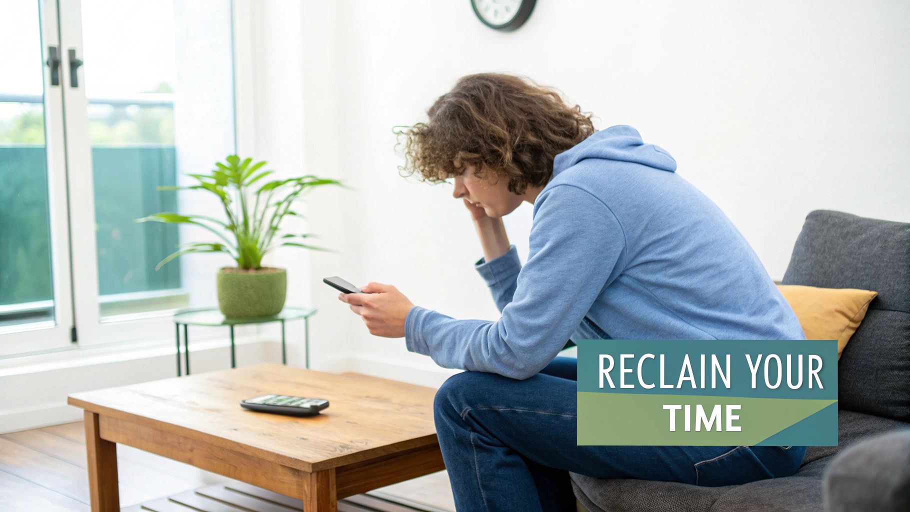 Young person engrossed by smartphone on sofa, with another phone on table, symbolizing addiction.