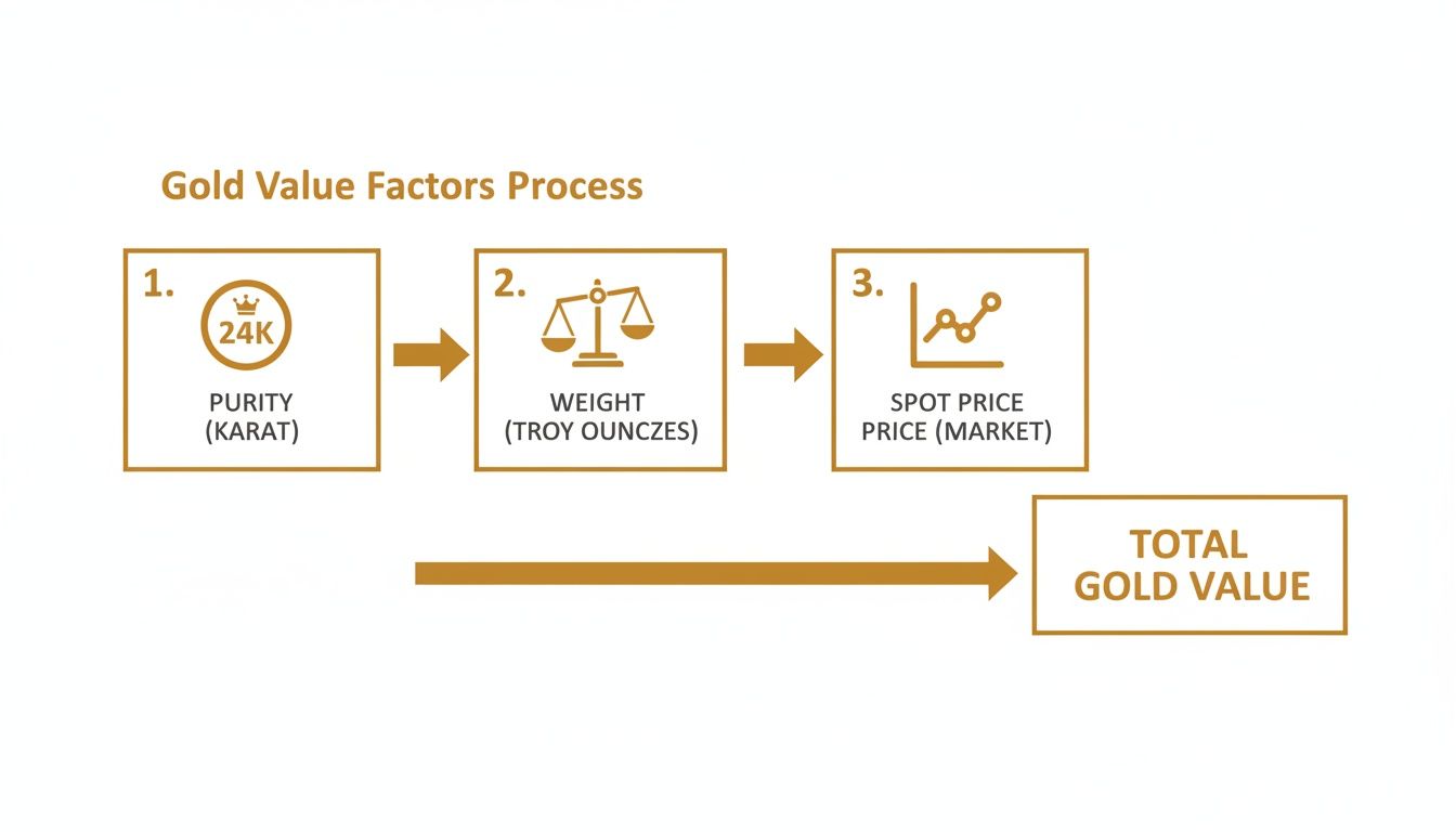 Flowchart showing the Gold Value Factors Process, detailing how Purity, Weight, and Spot Price lead to Total Gold Value.