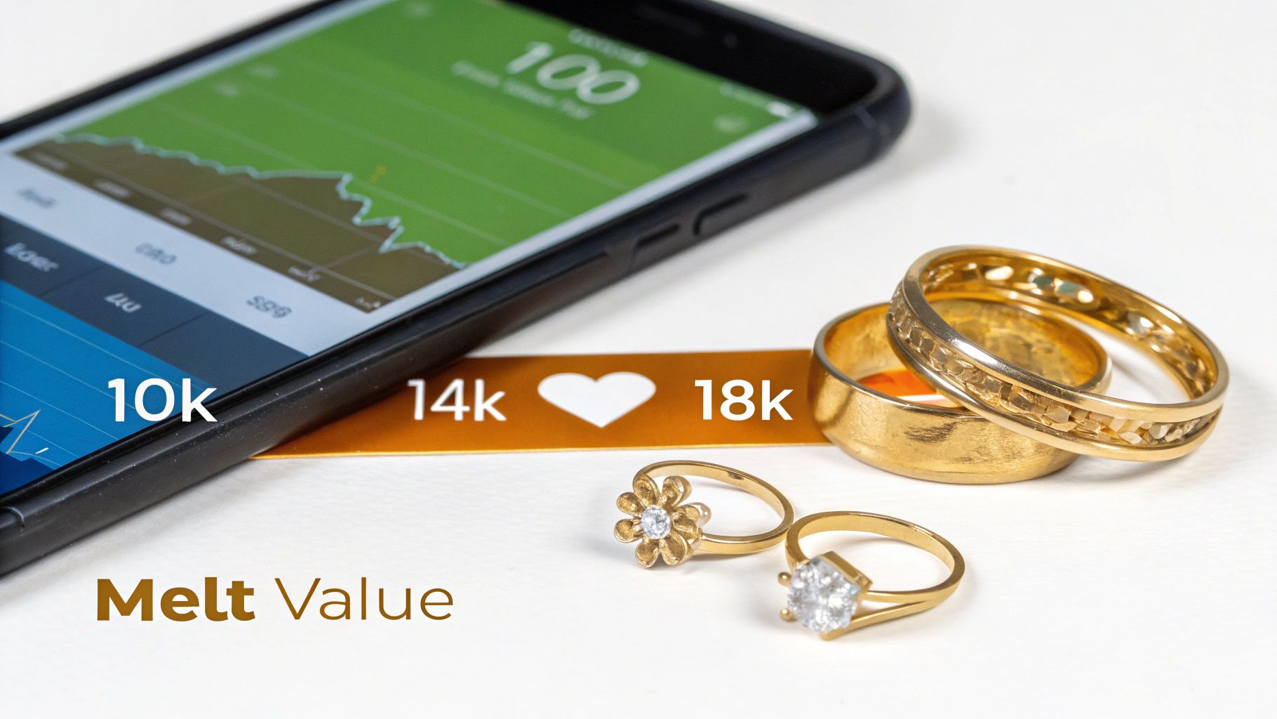 A smartphone displays a gold price chart next to various gold rings, indicating 10k, 14k, and 18k melt values.