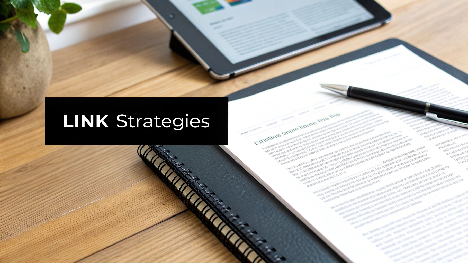 A professional desk setup featuring a tablet, document, pen, notebook, and a plant, with 'LINK Strategies' overlaid.