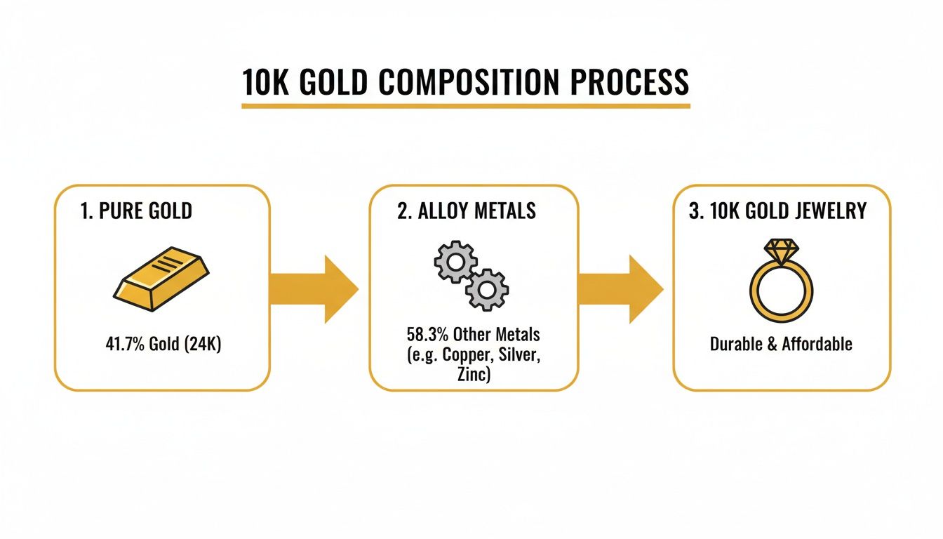 A flowchart illustrates the 10K gold composition process, combining pure gold with alloy metals to create durable jewelry.