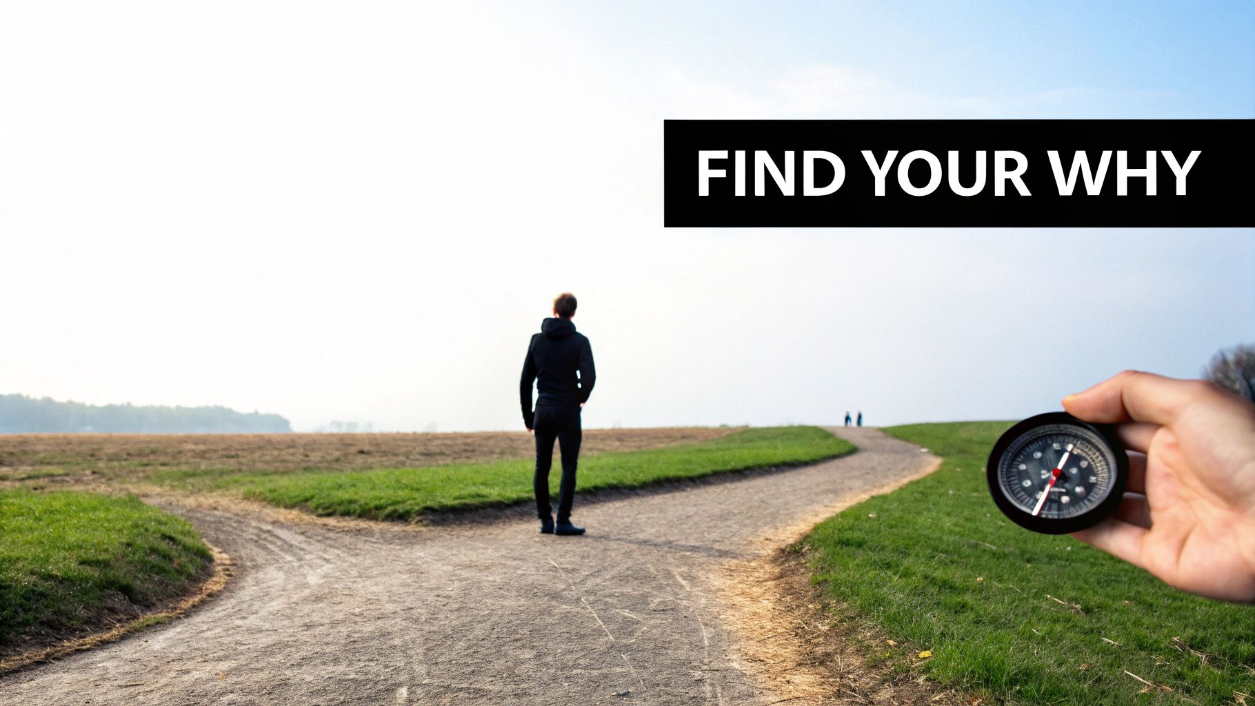 Woman looking thoughtfully over a misty mountain landscape at sunrise, symbolizing the search for meaning.