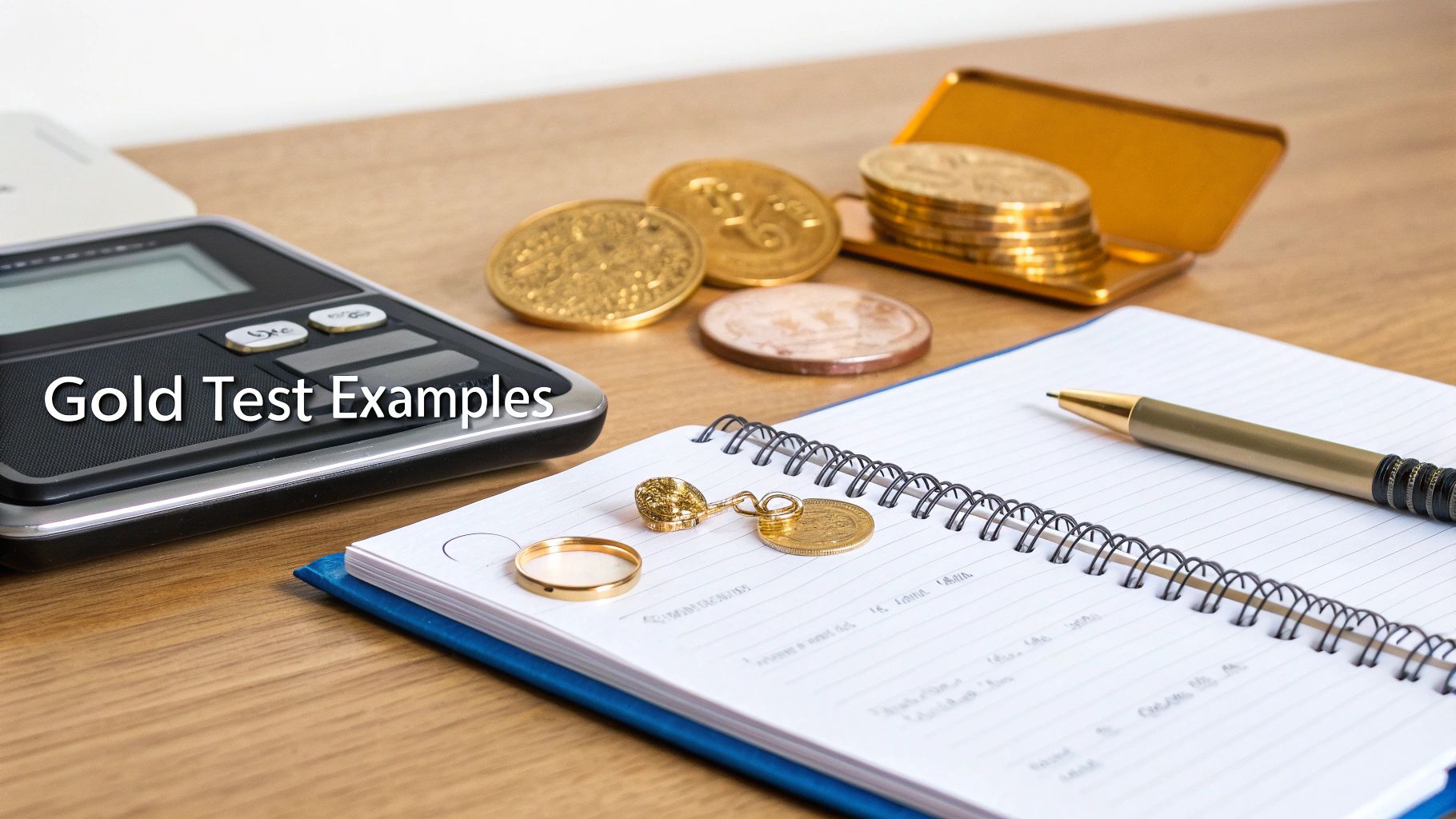 A person weighing gold jewelry on a small digital scale next to a laptop showing a gold calculator