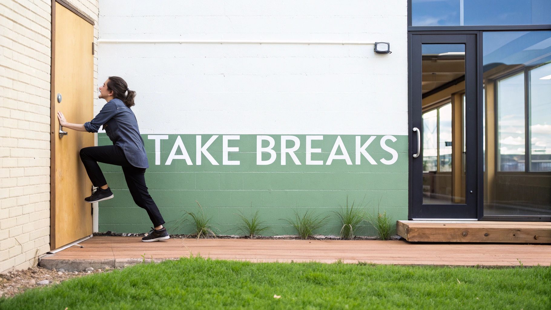A person stretches against a wooden door, with 'TAKE BREAKS' written on a green wall.