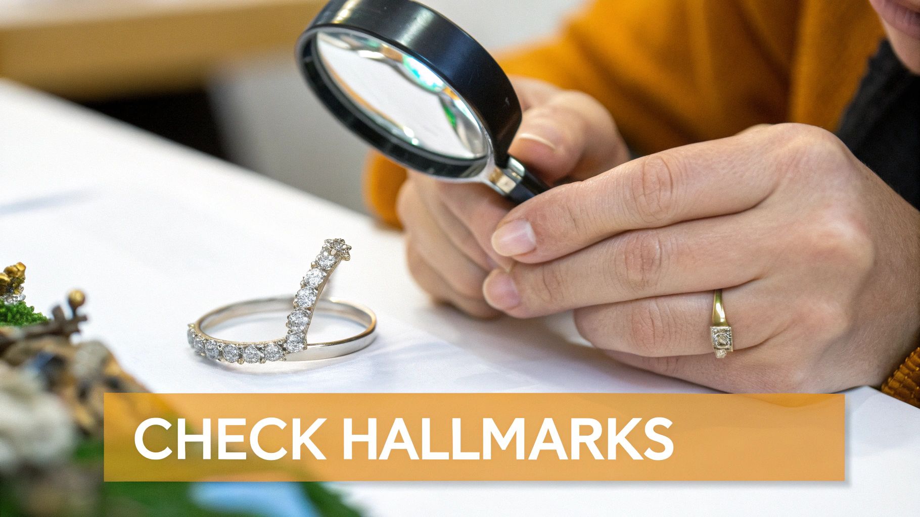 A magnifying glass held over a 14K gold ring, focusing on the tiny hallmark stamped inside the band.