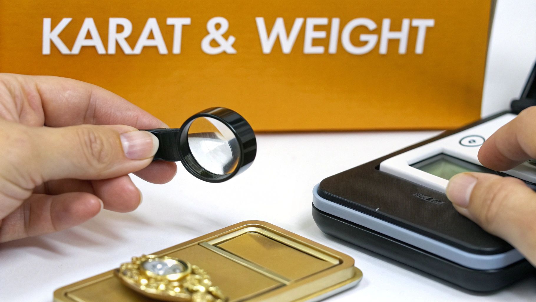 Hands using a magnifying glass and digital scale for assessing gold karats and weight.