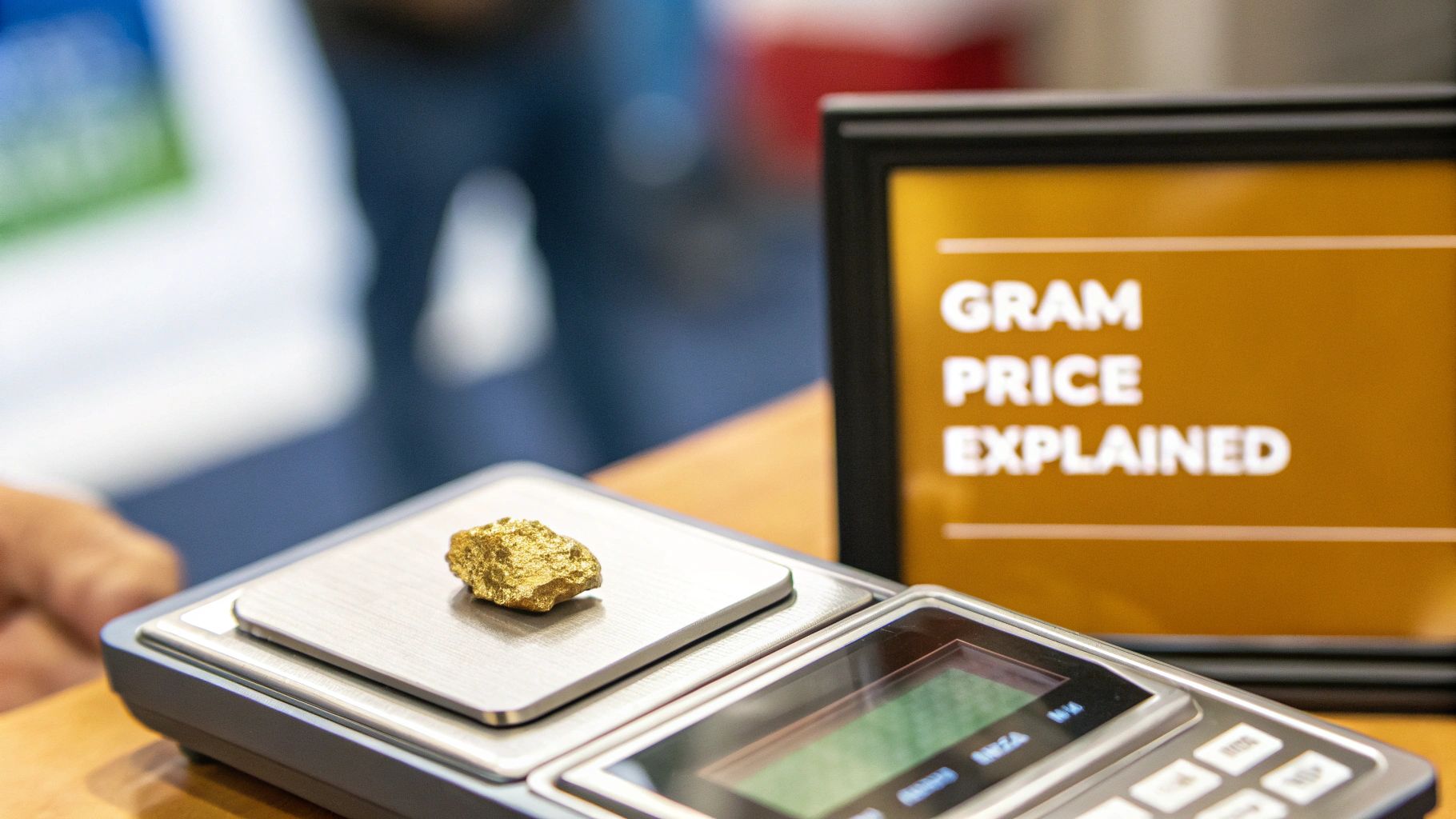 A gold nugget sits on a digital scale, with a framed sign in the background reading 'GRAM PRICE EXPLAINED'.