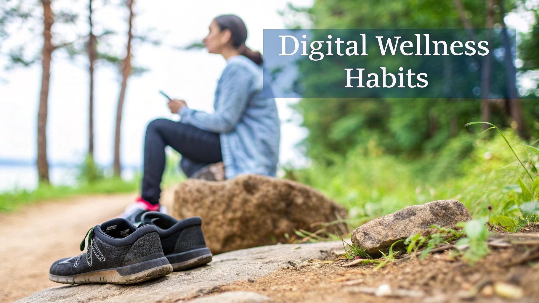 A person sits on a rock in nature, using a phone, with shoes off nearby, promoting digital wellness.
