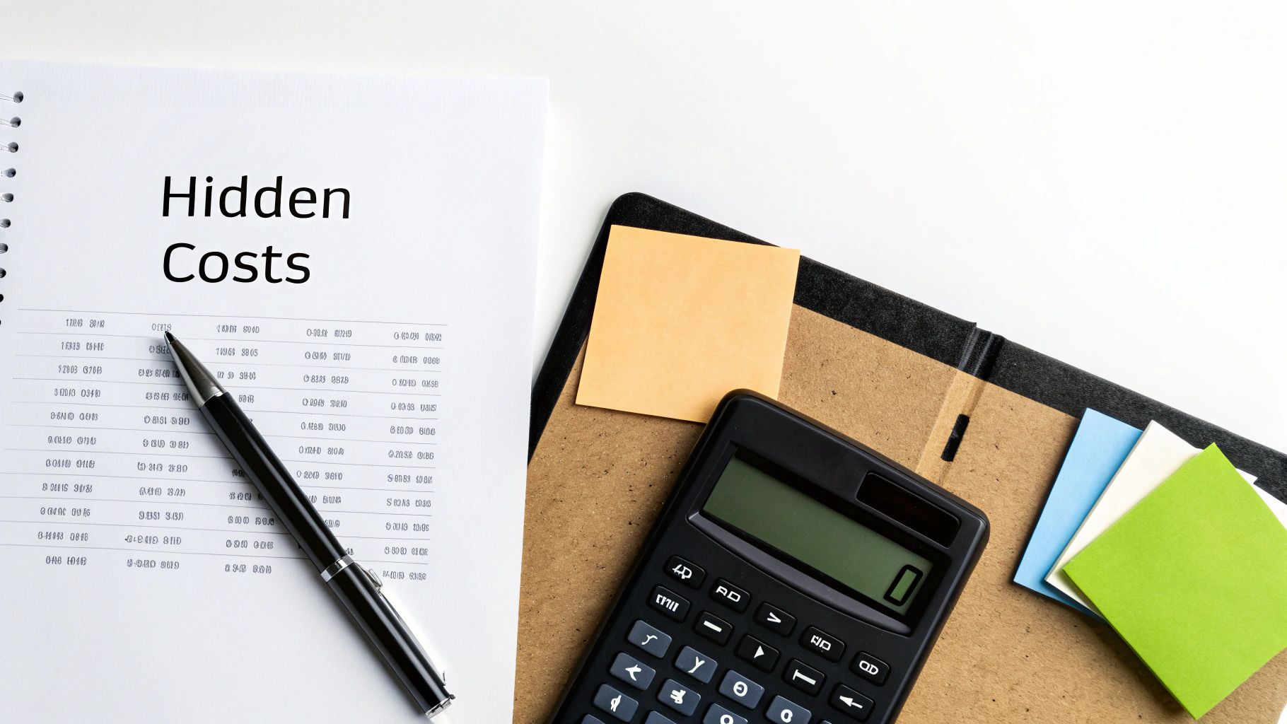 A top-down view showing a notebook with "Hidden Costs," a calculator, pen, and colorful sticky notes.