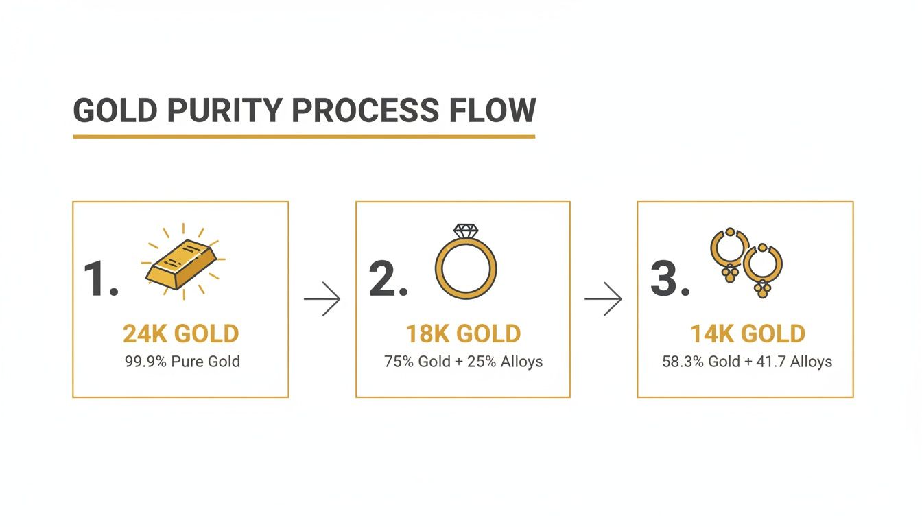 A diagram illustrating the gold purity process flow from 24K gold bar to 18K ring and 14K earrings.