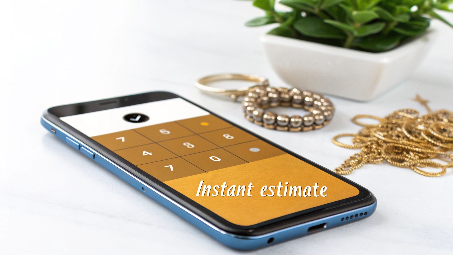 A blue smartphone with a calculator screen displaying 'Instant estimate' next to gold jewelry.