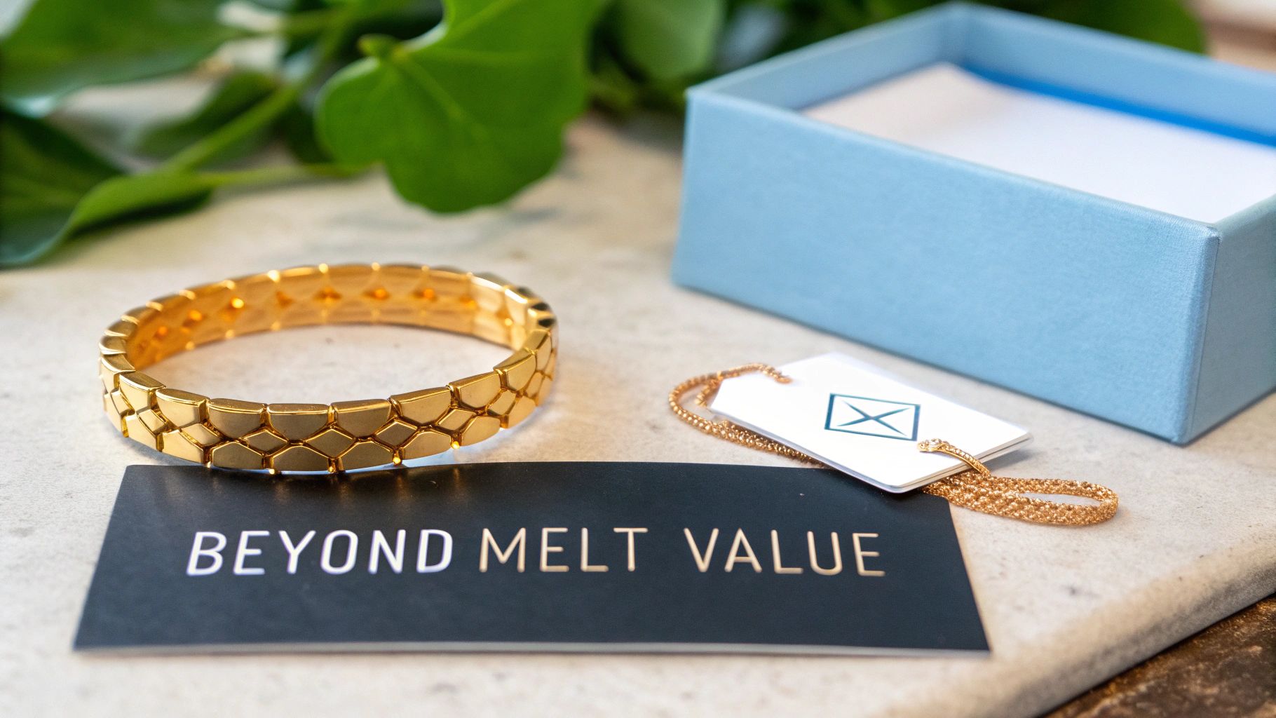 A luxurious gold bracelet next to a black card saying 'BEYOND MELT VALUE', a tag, and a blue box.