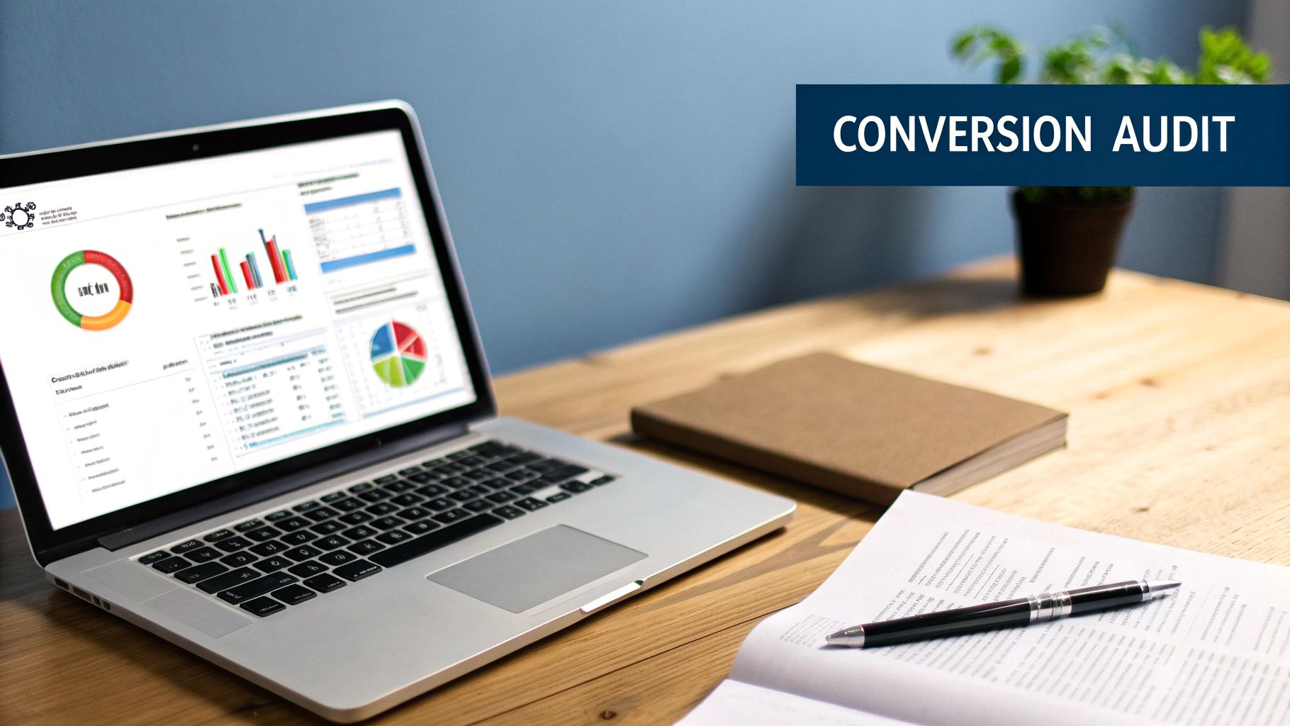 Laptop displaying conversion audit data and analytics, alongside a notebook and pen on a wooden desk.