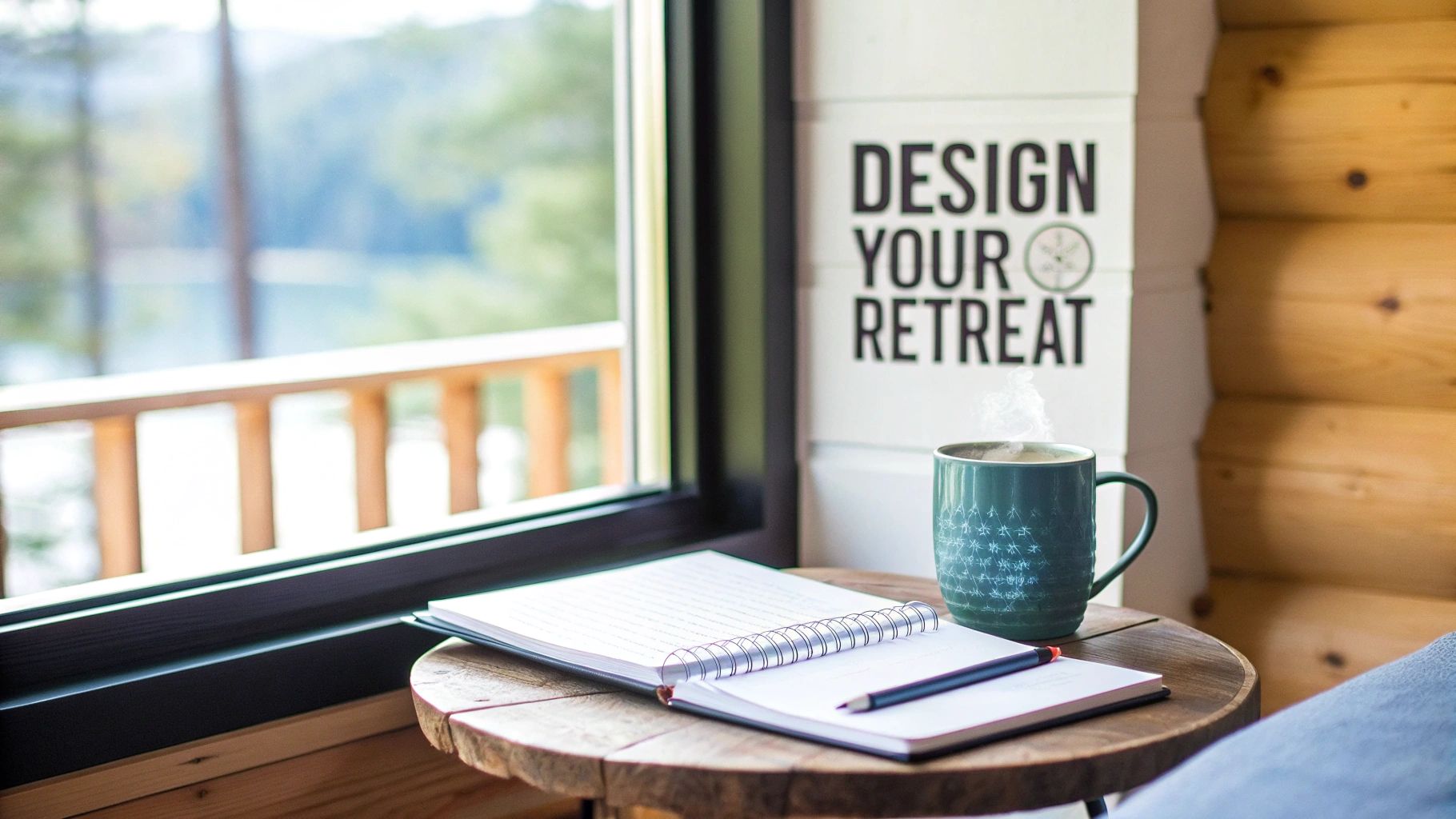 A cozy retreat scene with an open notebook, steaming mug, and a window view of nature.