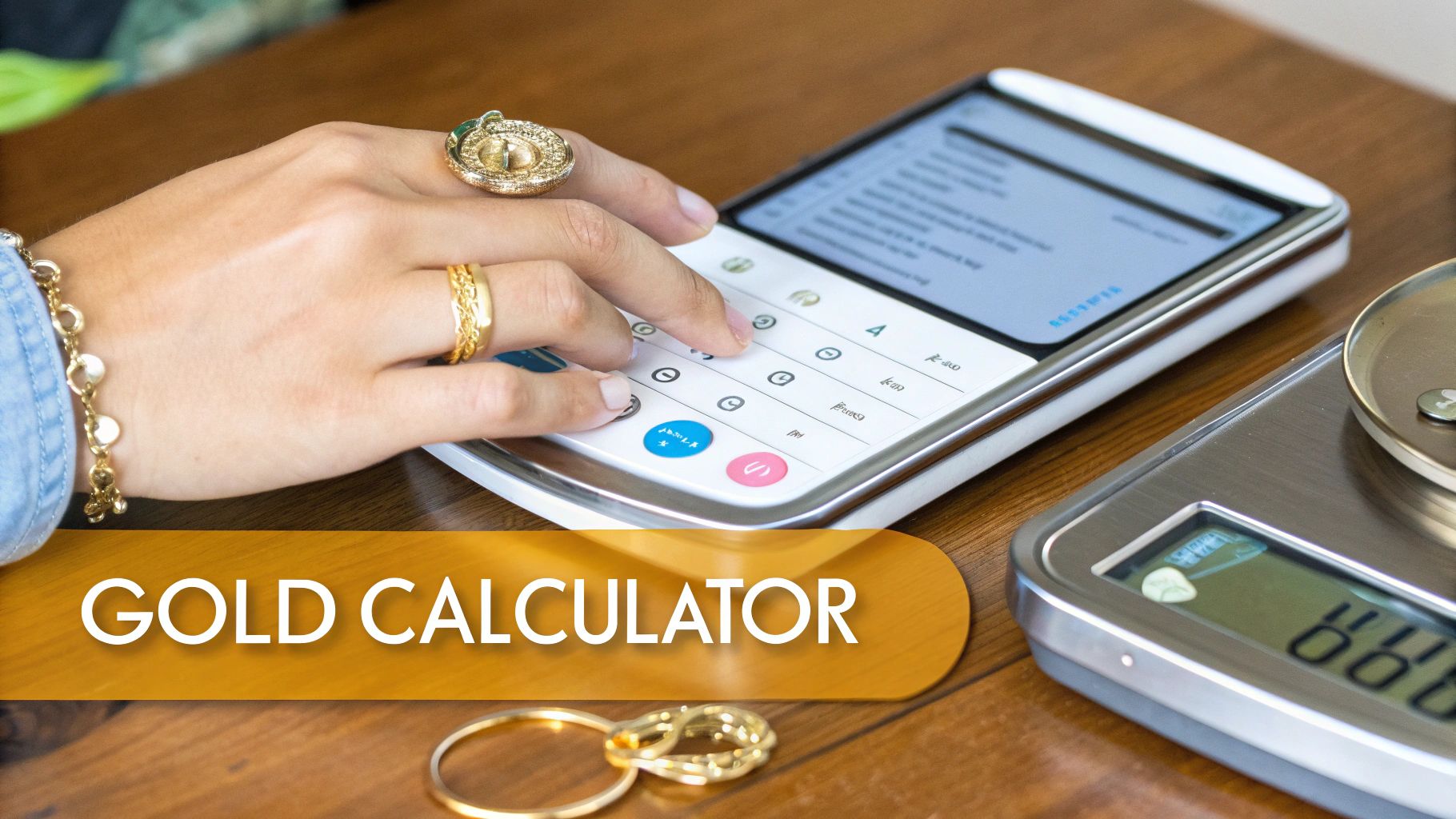 A person's hand with gold jewelry uses a digital gold calculator next to a gold weighing scale.