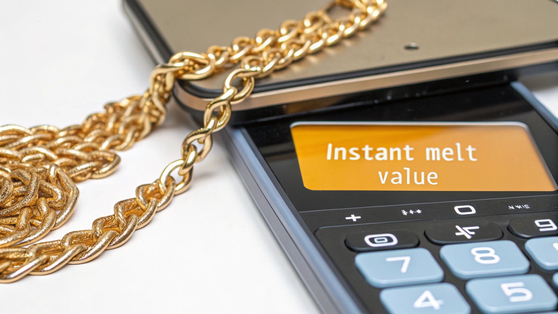A golden chain rests on a digital scale next to a calculator displaying "Instant melt value".