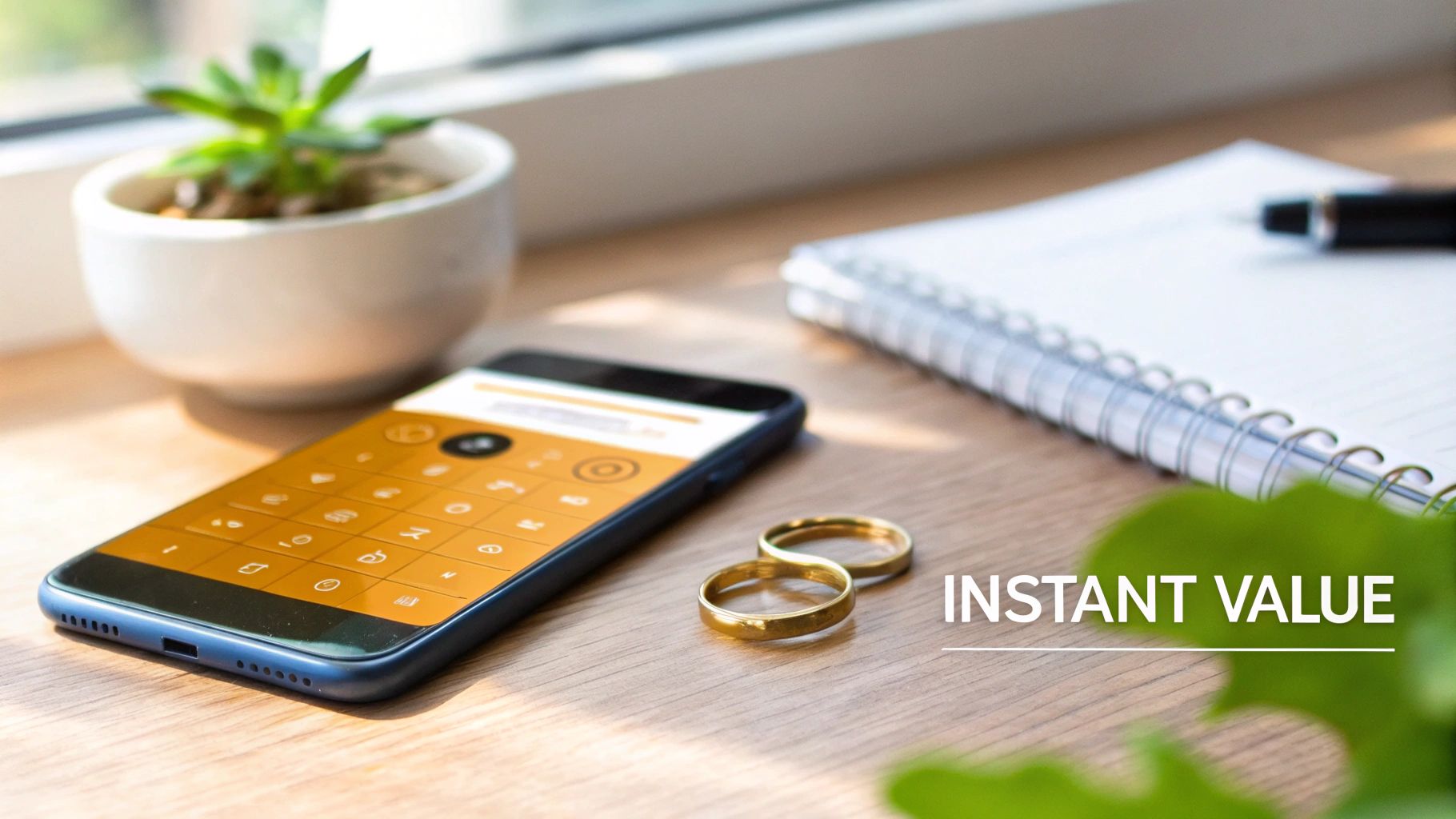 A smartphone displaying a calculator app, two gold rings, a notebook, and a plant on a wooden desk.