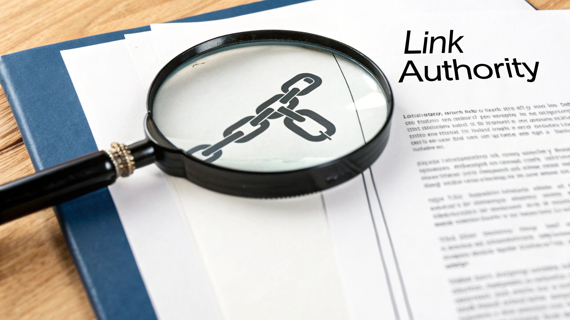A magnifying glass highlighting a chain link icon on a document with the words 'Link Authority' and blurred text.