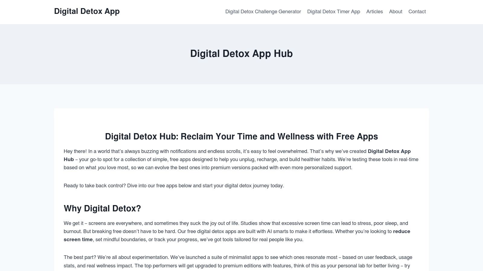 Digital Detox App Hub interface showing various tools for digital wellness