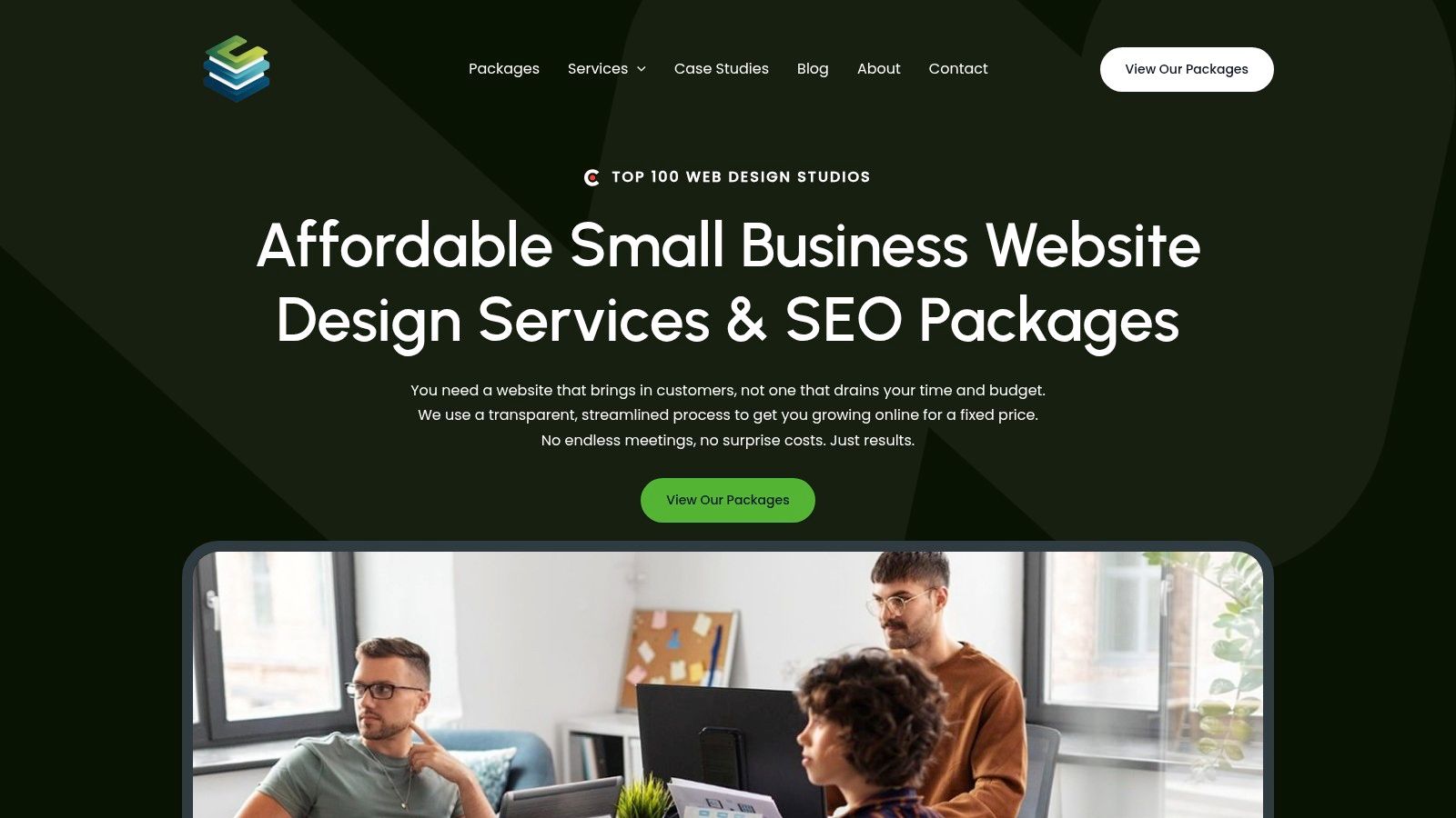 A screenshot of the Small Business Website Design homepage featuring a clean, modern design and a clear call-to-action.