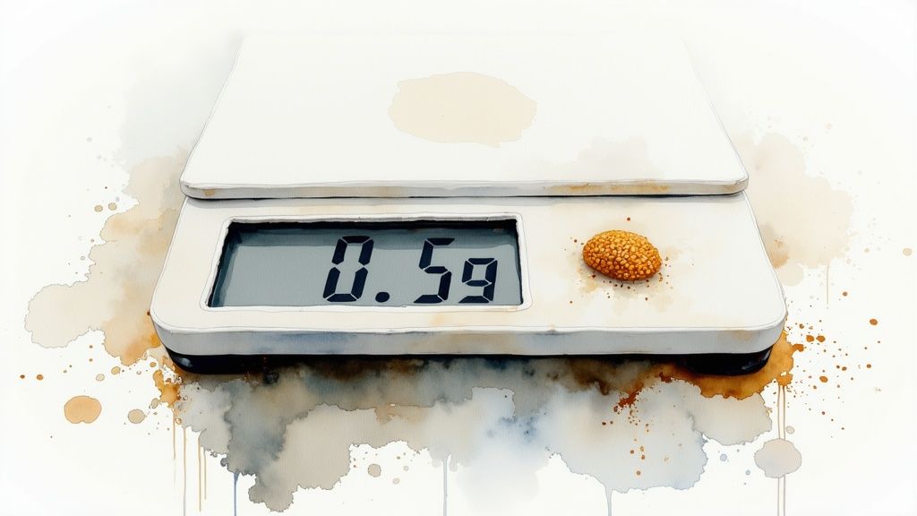 A tiny amount of golden hash oil on a dabbing tool, visually representing a dose the size of a grain of rice.