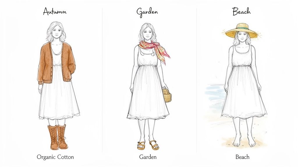 Sketches of a woman wearing an organic cotton dress, styled for autumn, garden, and beach.