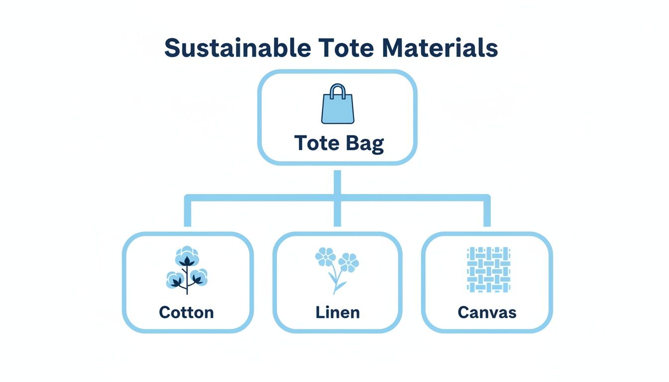 A diagram illustrating sustainable tote bag materials: cotton, linen, and canvas, each with an icon.