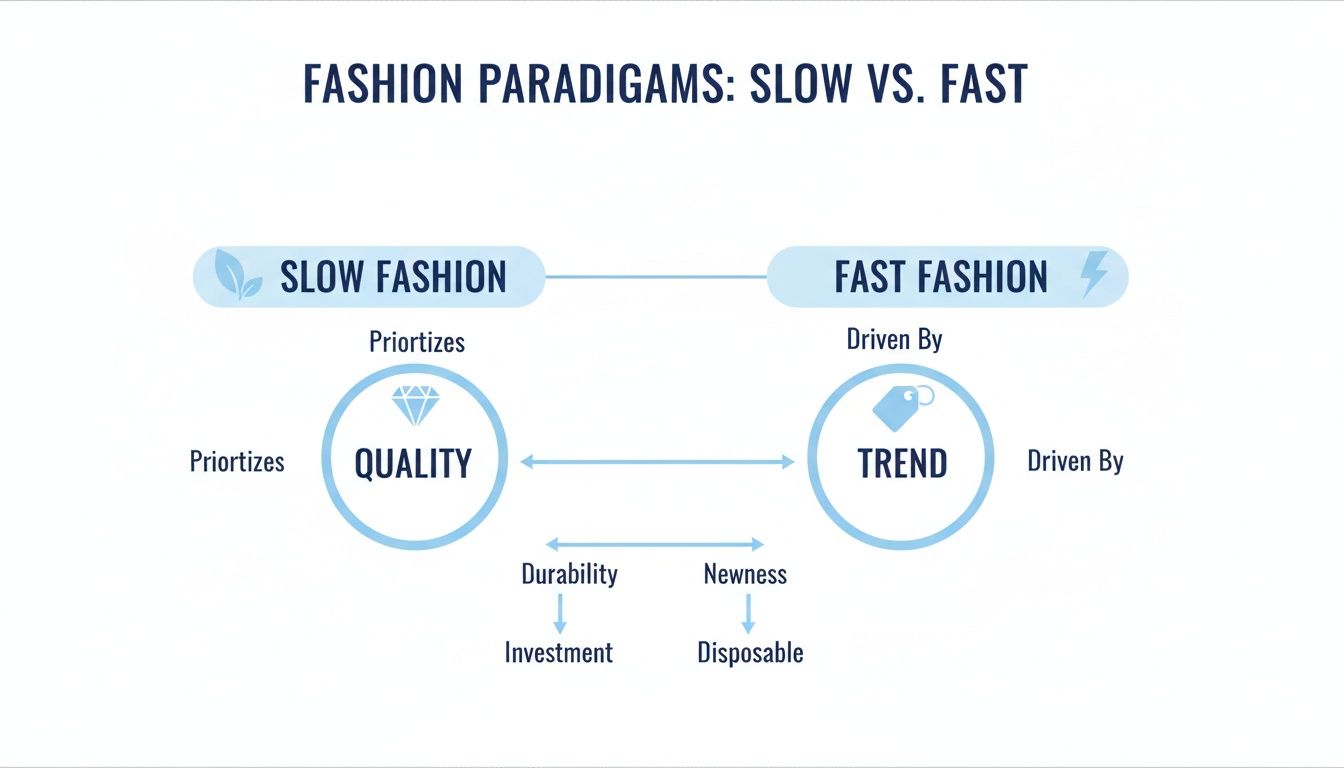 Infographic illustrating slow fashion's quality and durability versus fast fashion's trend and disposability.