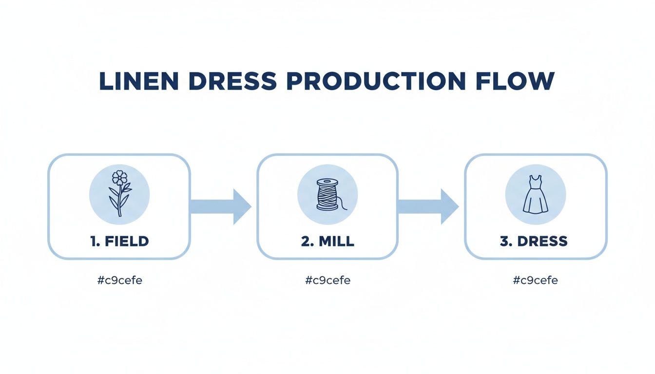 An infographic showing the three-step linen dress production flow: Field, Mill, and Dress.