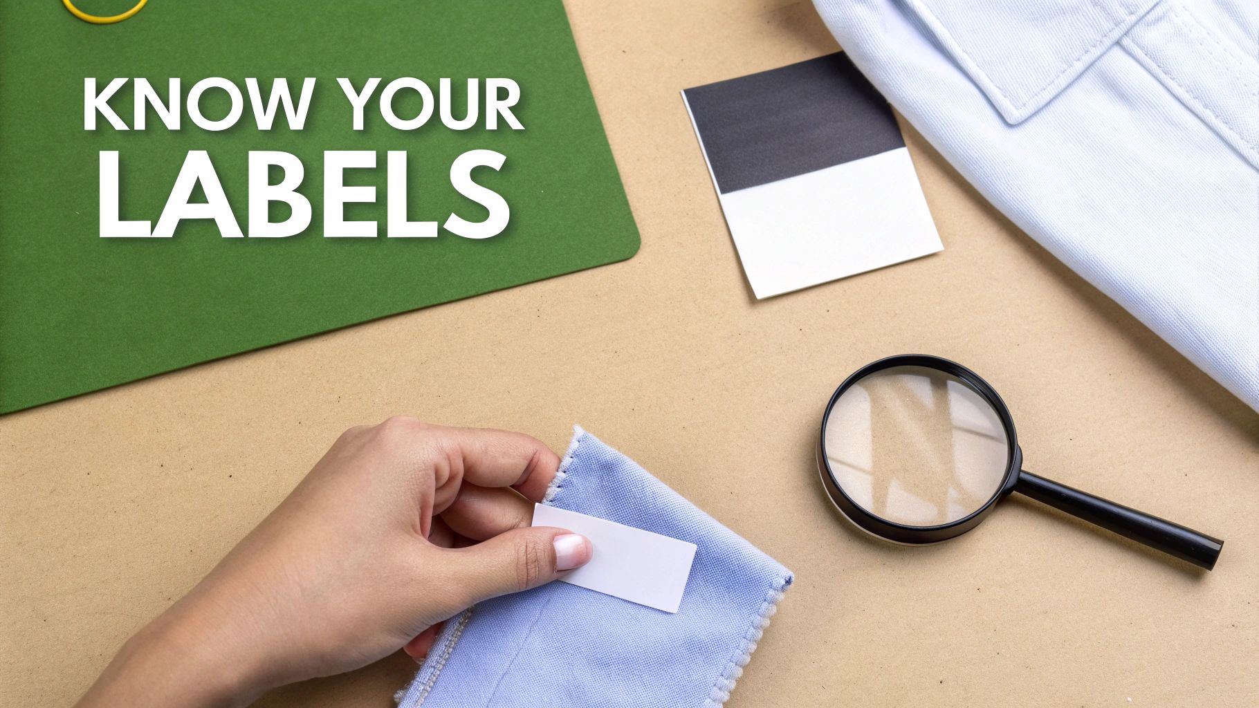 A hand holds a fabric swatch with a blank label, next to a magnifying glass and the text 'KNOW YOUR LABELS'.