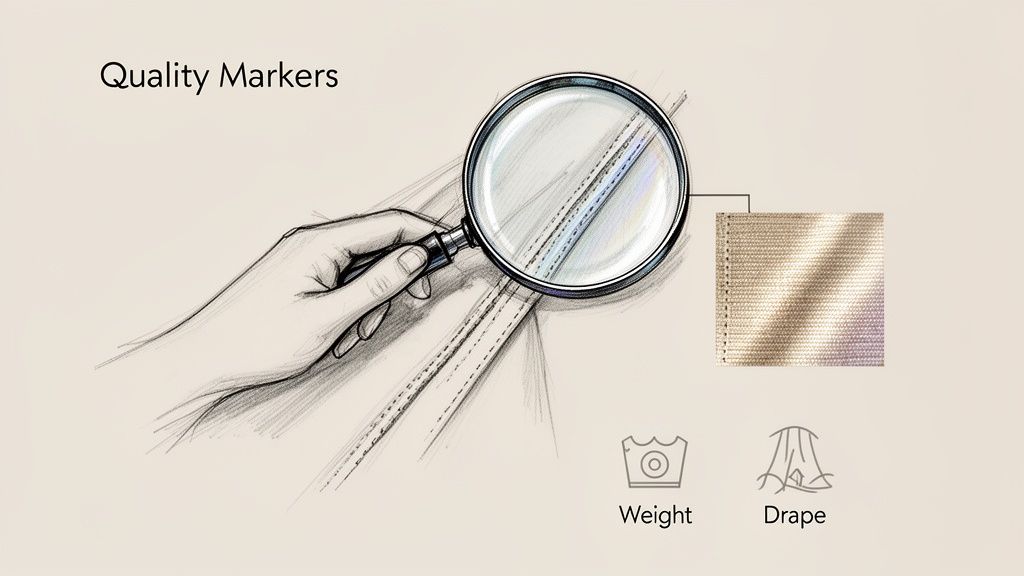 An illustration showing a hand examining fabric quality markers like stitching, texture, weight, and drape with a magnifying glass.