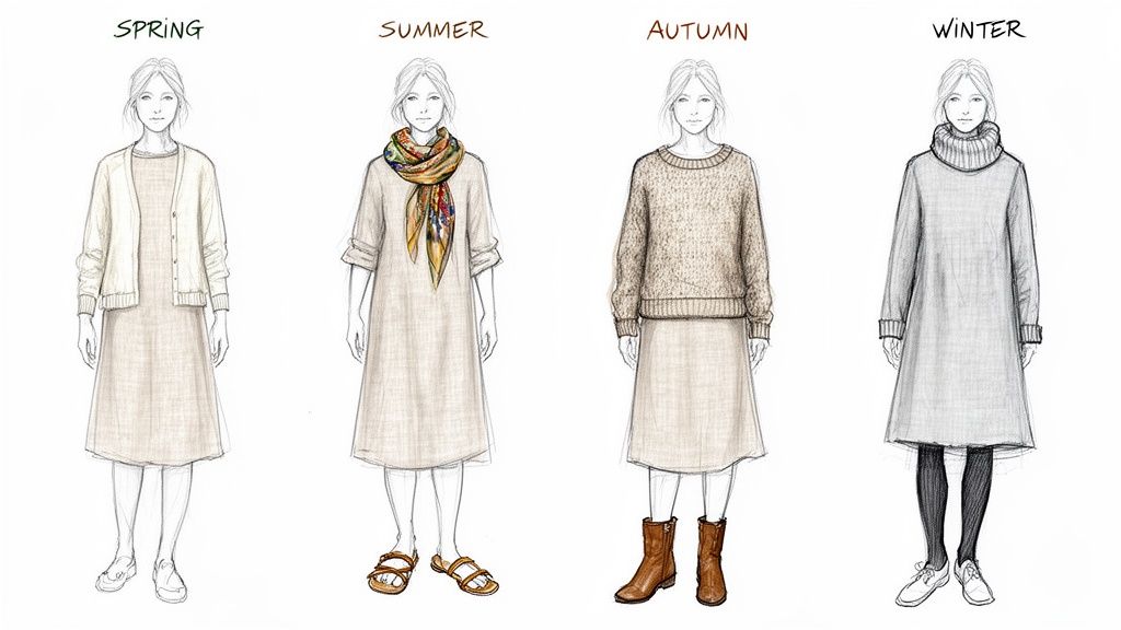 Four illustrations depicting a woman wearing seasonal linen dress outfits for spring, summer, autumn, and winter.