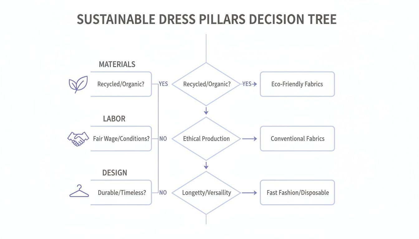 Decision tree illustrating sustainable dress pillars based on materials, labor, and design choices.